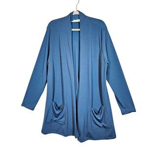 Susan Graver liquid knit Womens L blue Open Front Cardigan Pockets career flowy